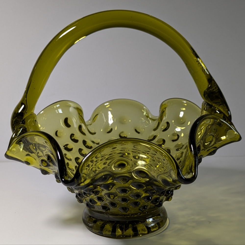 Vintage Green Art Glass Basket With Handle Hobnail Pattern 1960's 1970's Decor